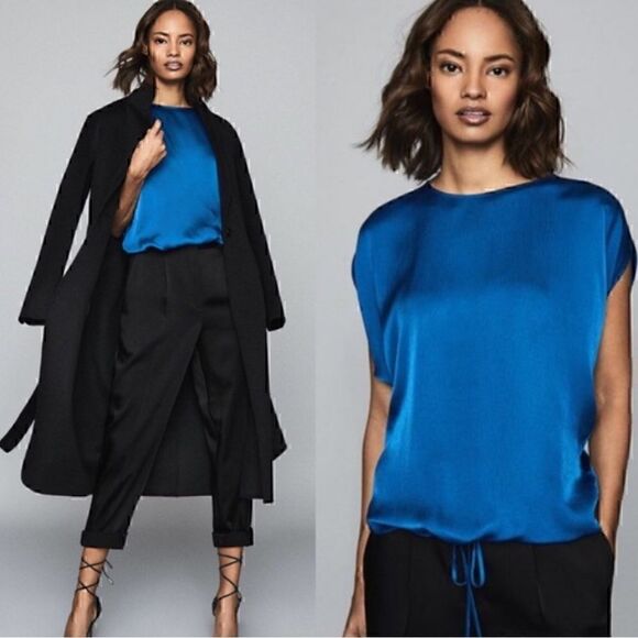 Reiss Maggie top Womens Size 0 satin textured cobalt Blue Blouse Tie Front - Picture 1 of 12